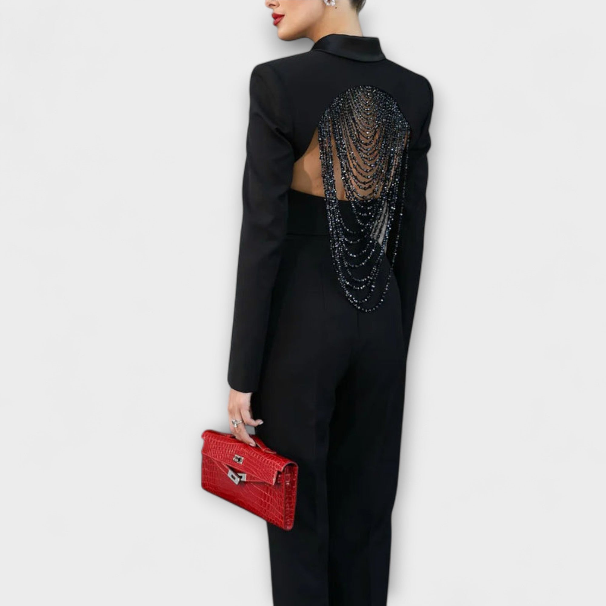 Noa ™ | Čierny sako set s perličkami a odhaleným chrbtom