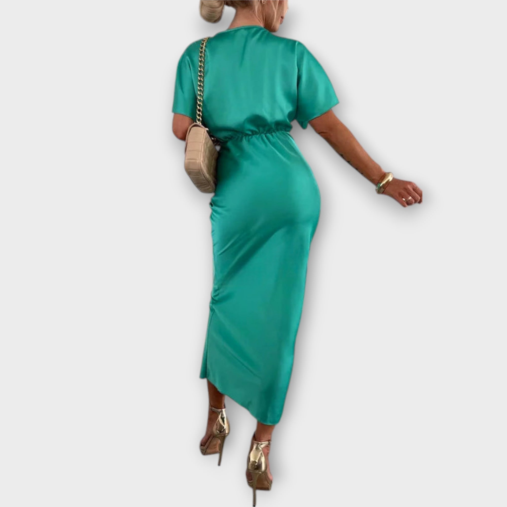 Sable ™ |Pevný saténový maxi šaty s V-výstrihom a krížovým uzlom