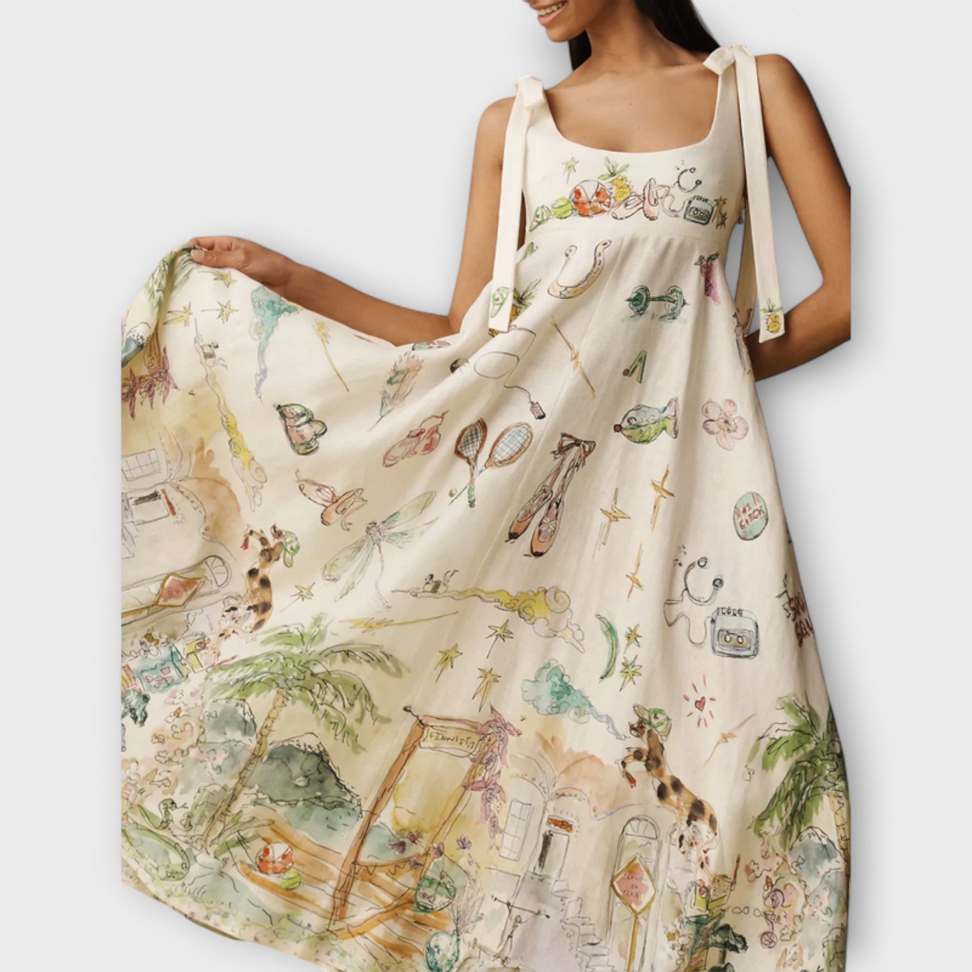 Juliette ™ | Maľované ľanové midi šaty s baletným pásom