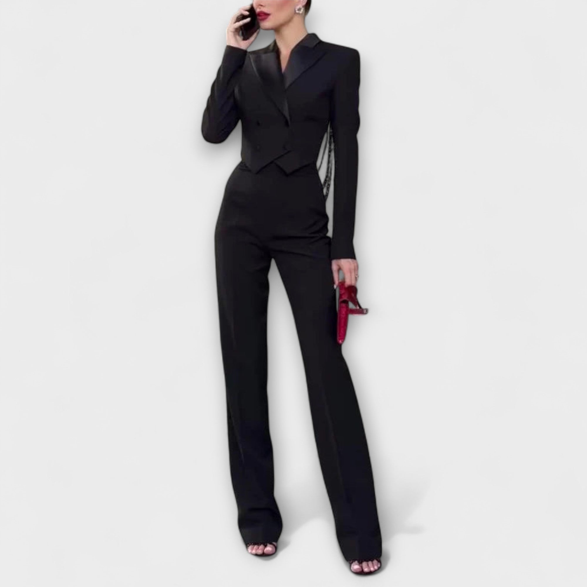 Noa ™ | Čierny sako set s perličkami a odhaleným chrbtom