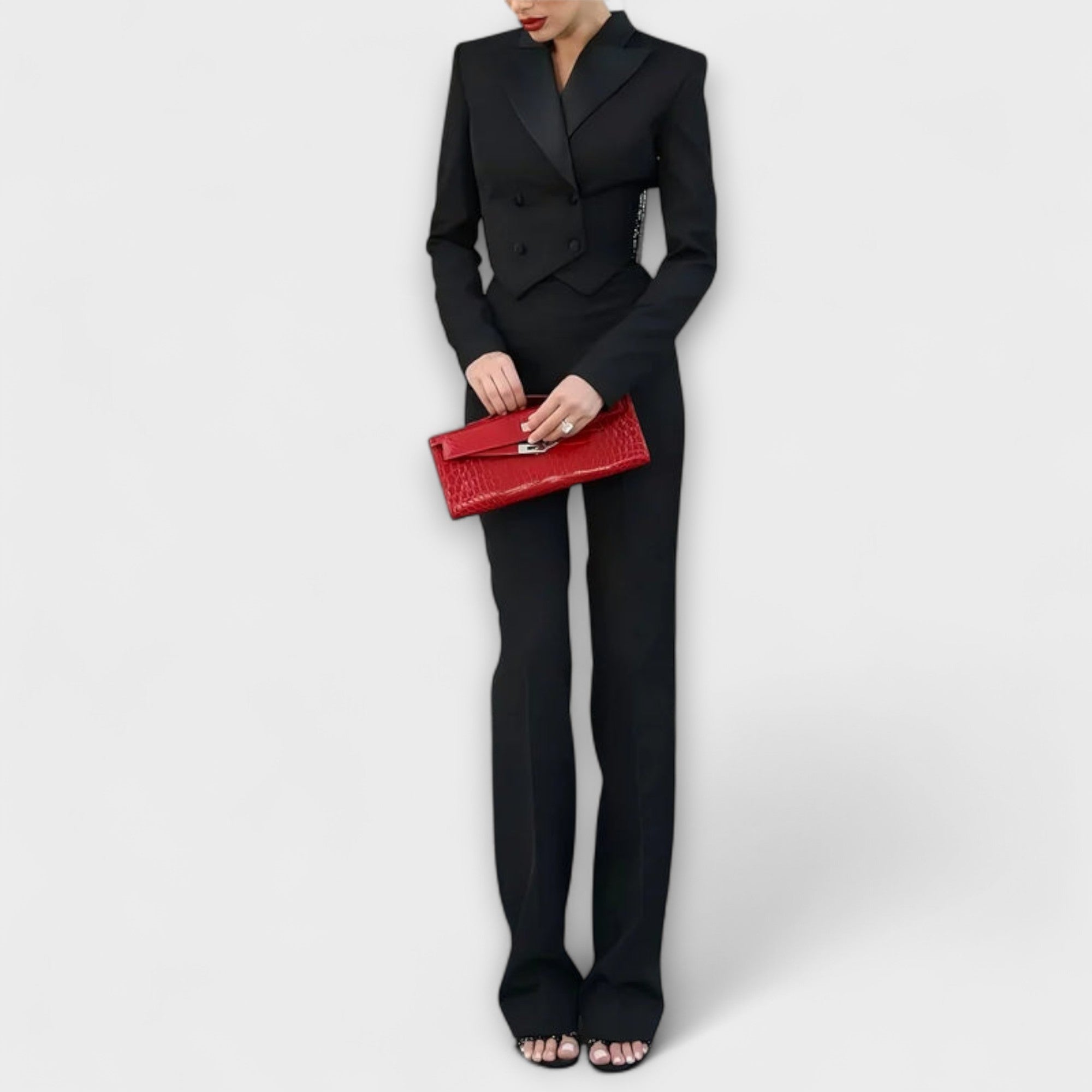 Noa ™ | Čierny sako set s perličkami a odhaleným chrbtom