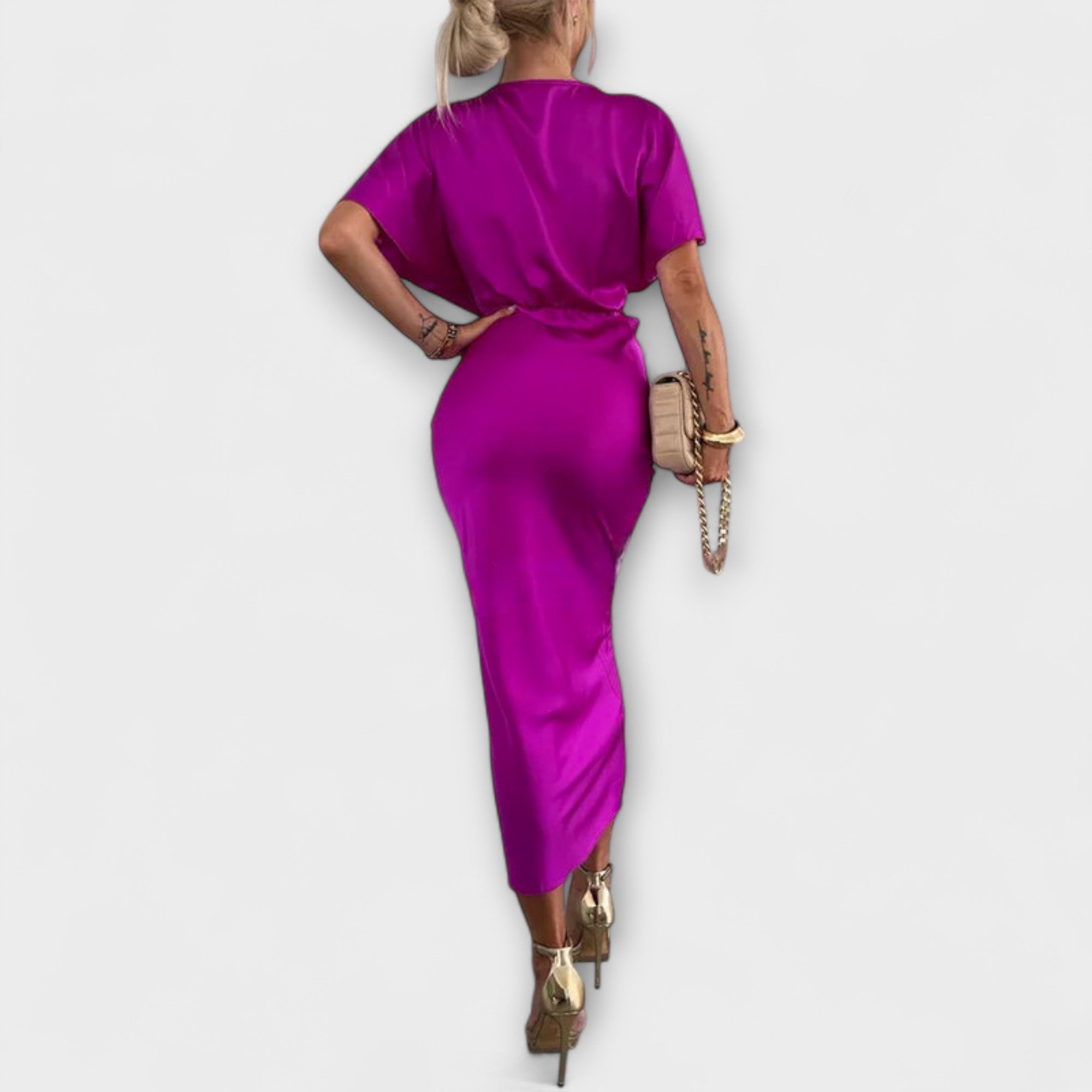 Sable ™ |Pevný saténový maxi šaty s V-výstrihom a krížovým uzlom