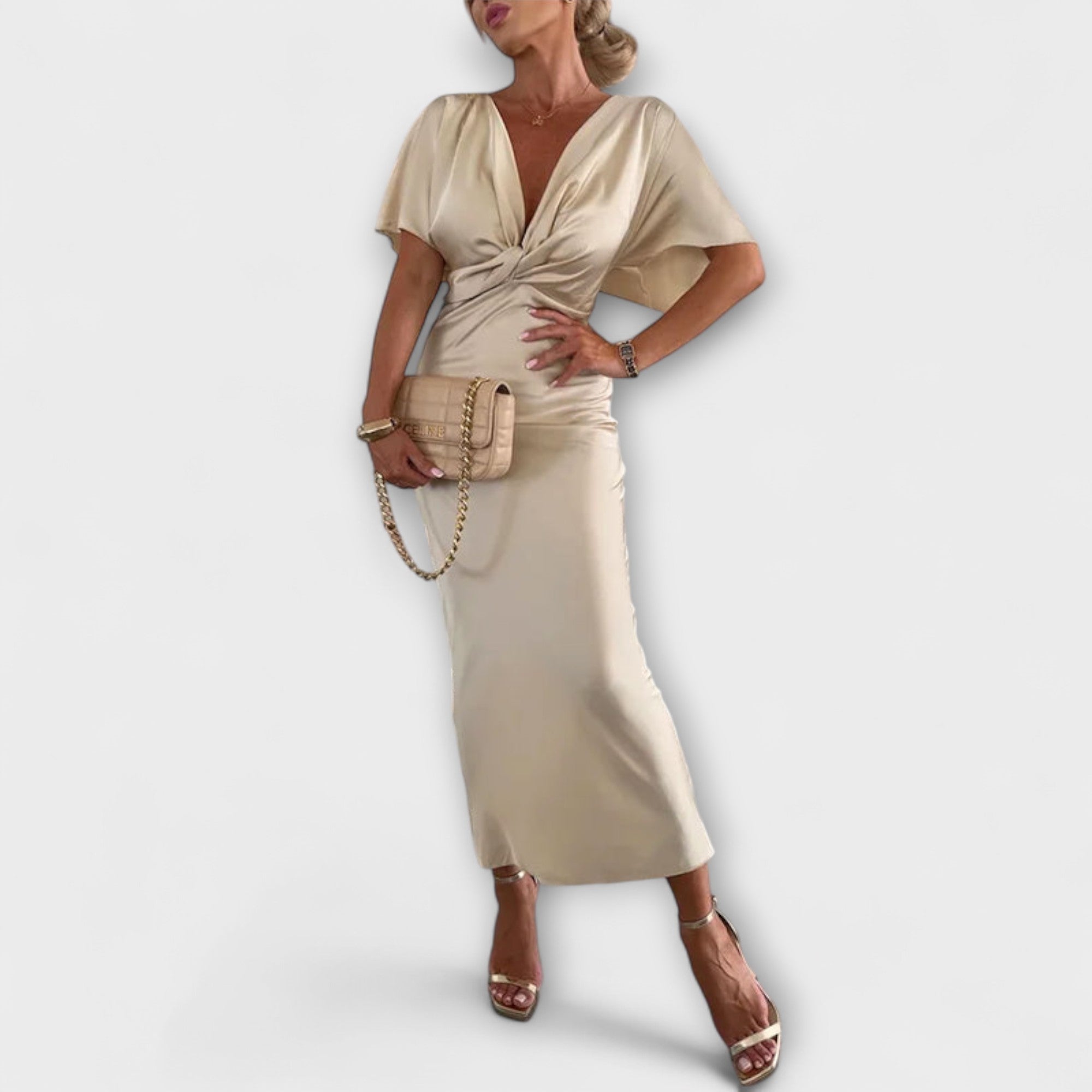 Sable ™ ｜Pevný saténový maxi šaty s V-výstrihom a krížovým uzlom