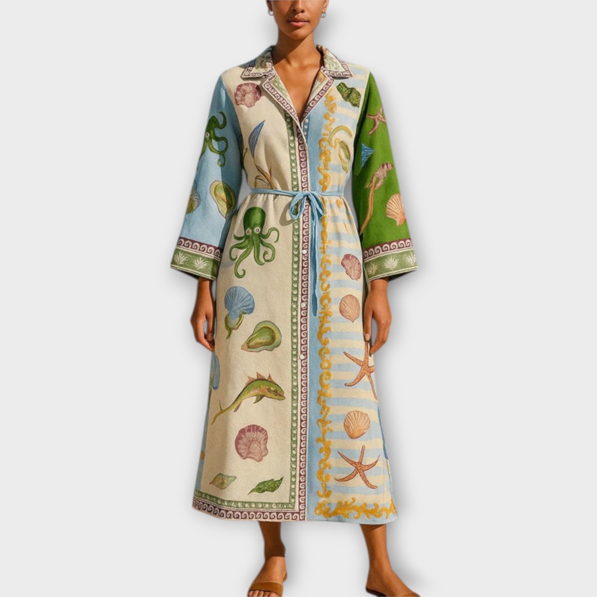 Jule ™ ｜ Tlačené Twill Midi Košeľové Šaty s Opaskom