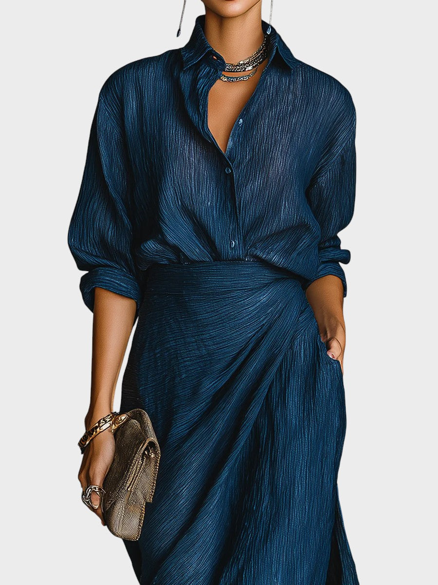 Anita™| Elegantný komplet košele a dlhej sukne zo zmesi bavlny a ľanu v tmavomodrej farbe