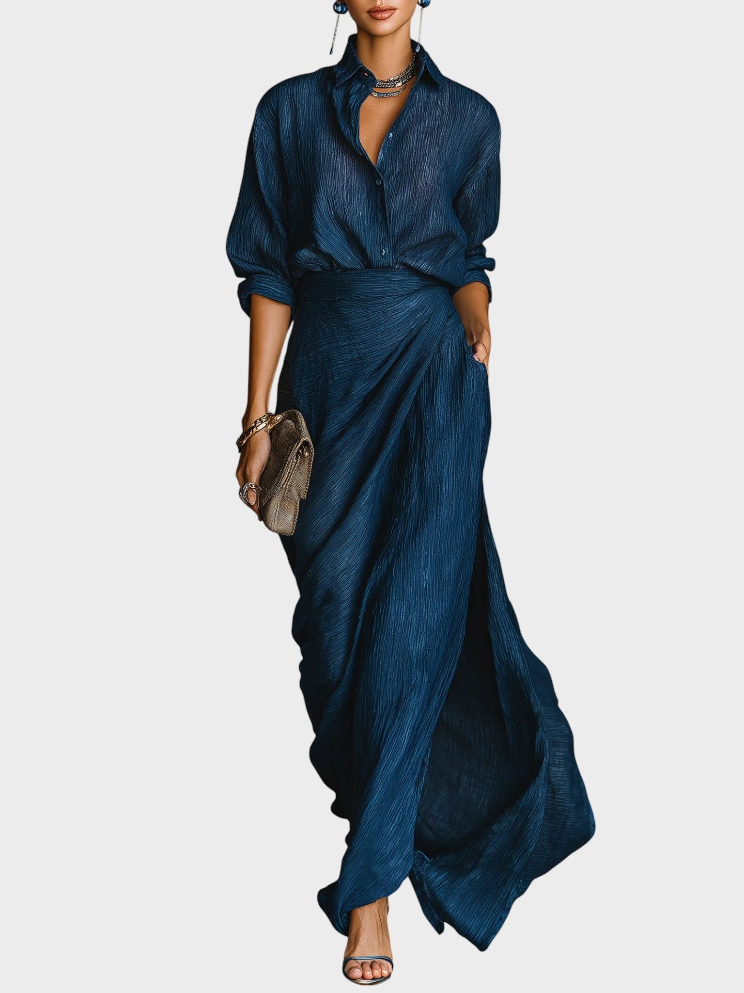 Anita™| Elegantný komplet košele a dlhej sukne zo zmesi bavlny a ľanu v tmavomodrej farbe