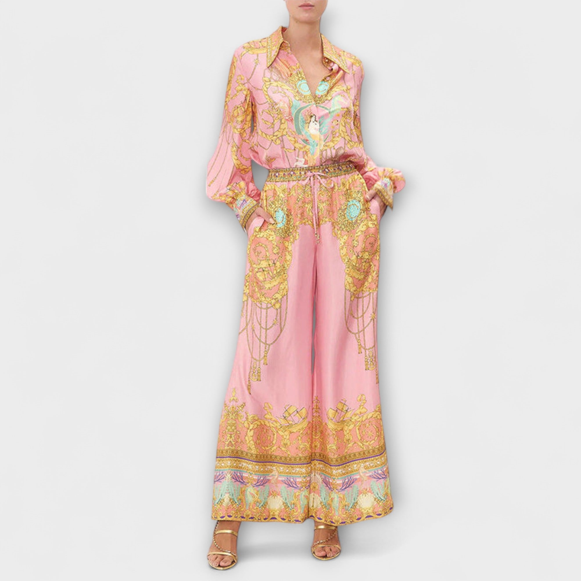 Sage ™ ｜ Uvoľnená košeľa s morskou pannou a elastické nohavice s vysokým pásom